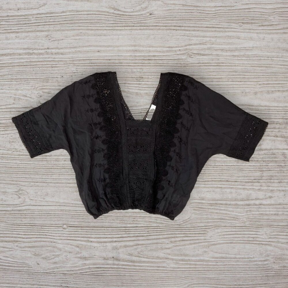 NWT LUCKY BRAND Black V-Neck Lace Trim Boho Flowy Cotton Blouse Womens S